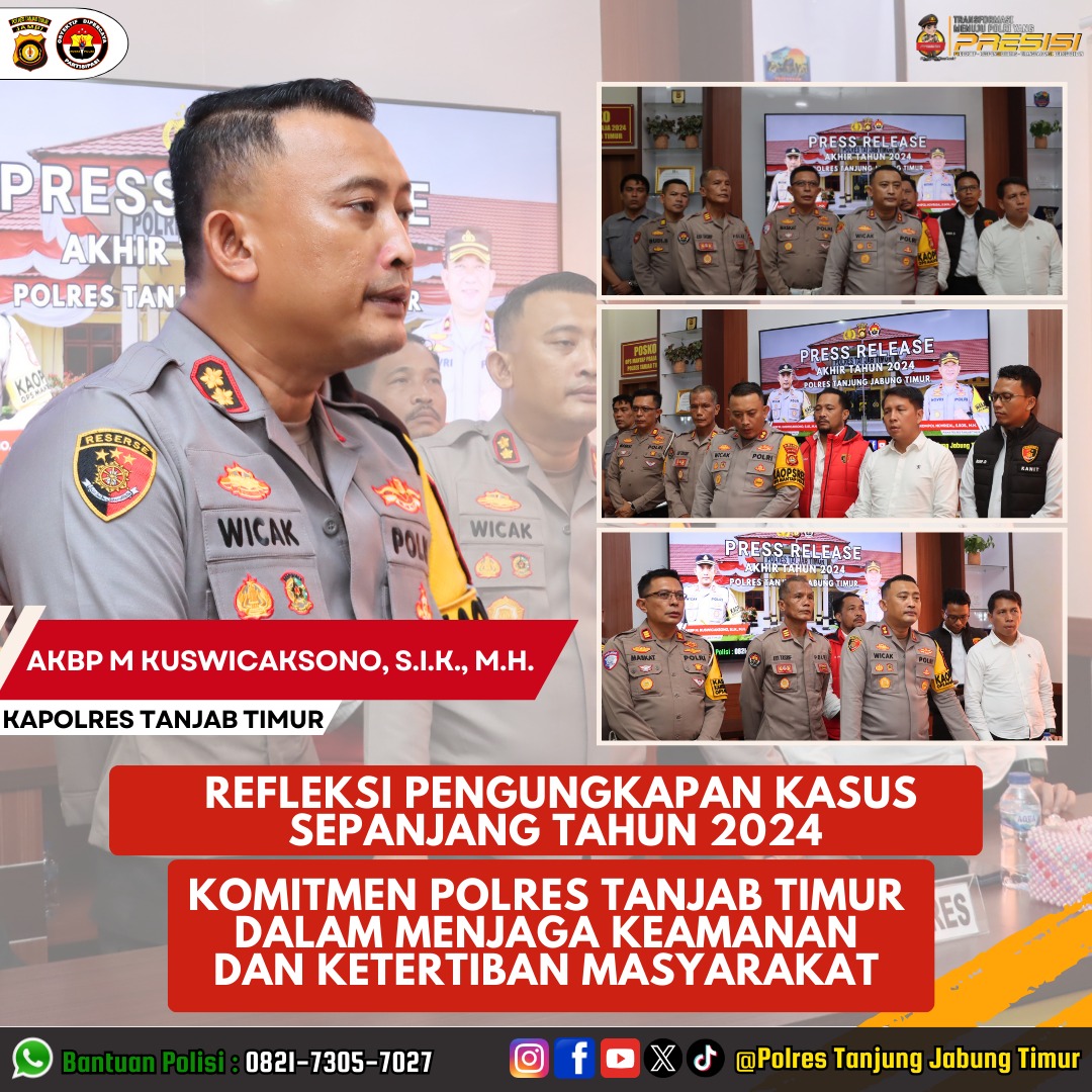 Polres Tanjung Jabung Timur menggelar press release pengungkapan kasus sepanjang tahun 2024 di Aula Sanika Satya Wada