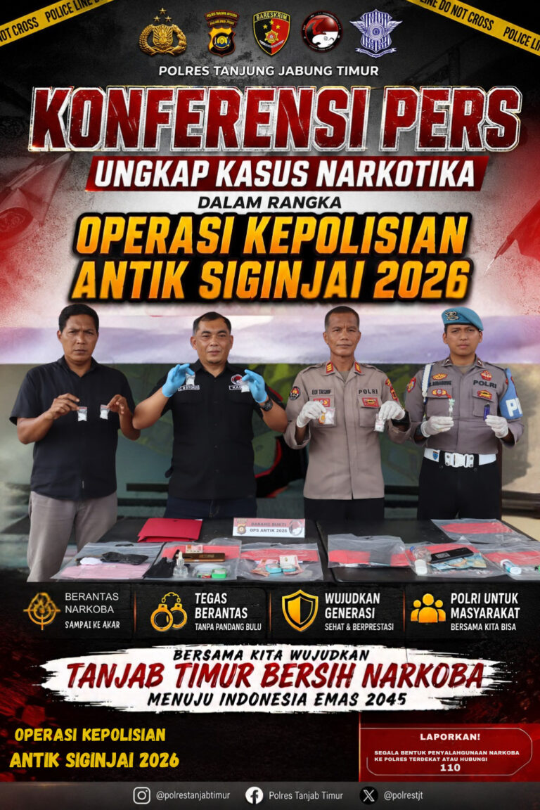 Operasi Antik Siginjai 2026, Polres Tanjung Jabung Timur Berhasil Ungkap 8 Kasus Narkotika dan Amankan 13 Tersangka